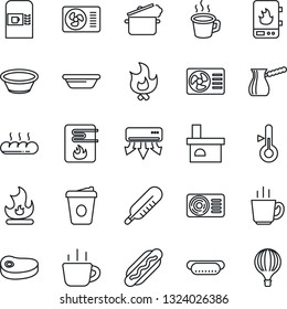 Thin Line Icon Set - coffee machine vector, fire, fireplace, thermometer, air conditioner, bread, steak, hot dog, bowl, steaming pan, turkish, water heater, balloon