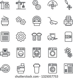 Thin Line Icon Set - coffee machine vector, washer, fork loader, gear, ripper, lawn mower, tomography, printer, copier, crane, water filter, combination lock