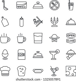 Thin Line Icon Set - coffee machine vector, dish, cafe, cook hat, reception, drink, cocktail, phyto bar, waiter, egg stand, bread, candle, dress code, open close, credit card, hot dog, ladle, sushi