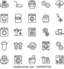Thin Line Icon Set - coffee machine vector, washer, fork loader, gear, ripper, lawn mower, tomography, printer, copier, crane, water filter, combination lock