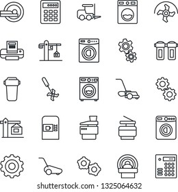 Thin Line Icon Set - coffee machine vector, washer, fork loader, gear, ripper, lawn mower, tomography, printer, copier, crane, water filter, combination lock
