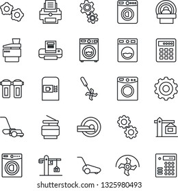 Thin Line Icon Set - coffee machine vector, washer, gear, ripper, lawn mower, tomography, printer, copier, crane, water filter, combination lock