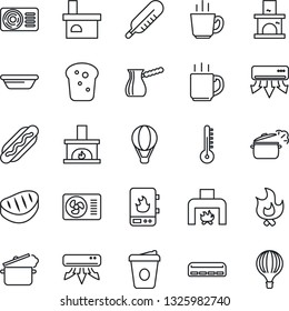 Thin Line Icon Set - coffee vector, fire, fireplace, thermometer, air conditioner, bread, steak, hot dog, bowl, steaming pan, turkish, water heater, balloon