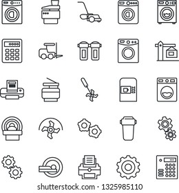 Thin Line Icon Set - coffee machine vector, washer, fork loader, gear, ripper, lawn mower, tomography, printer, copier, crane, water filter, combination lock