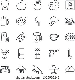 Thin Line Icon Set - coffee vector, sickle, pumpkin, fridge, cook, restaurant table, menu, cocktail, beer, plates, waiter, vip zone, dress code, receipt, chicken, steak, kebab, ladle, bowl, turkish