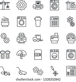 Thin Line Icon Set - coffee machine vector, washer, fork loader, gear, ripper, lawn mower, tomography, printer, copier, crane, water filter, combination lock