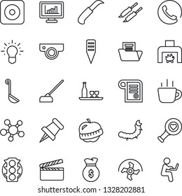 Thin Line Icon Set - coffee vector, ripper, hoe, garden knife, plant label, caterpillar, heart diagnostic, diet, traffic light, clapboard, share, paper pin, rec button, monitor statistics, fireplace