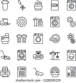 Thin Line Icon Set - coffee machine vector, washer, fork loader, gear, lawn mower, ripper, tomography, printer, copier, crane, water filter, combination lock