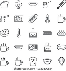 Thin Line Icon Set - coffee vector, fire, fireplace, thermometer, air conditioner, bread, steak, hot dog, bowl, steaming pan, turkish, balloon