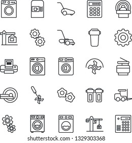 Thin Line Icon Set - coffee machine vector, washer, fork loader, gear, ripper, lawn mower, tomography, printer, copier, crane, water filter, combination lock