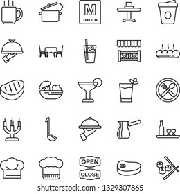 Thin Line Icon Set - coffee vector, alcohol, restaurant table, cafe, cook hat, menu, cocktail, phyto bar, salad, waiter, bread, candle, open close, alcove, steak, ladle, steaming pan, turkish, sushi