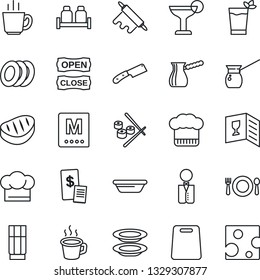 Thin Line Icon Set - coffee vector, waiter, cafe, cook hat, wine card, menu, drink, cocktail, phyto bar, plates, salt and pepper, open close, restaurant receipt, steak, bowl, rolling pin, knife