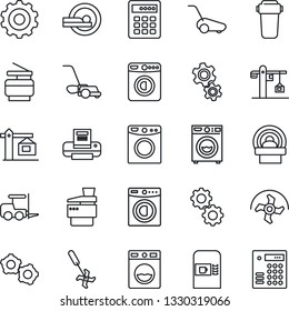 Thin Line Icon Set - coffee machine vector, washer, fork loader, gear, ripper, lawn mower, tomography, printer, copier, crane, water filter, combination lock