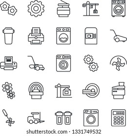 Thin Line Icon Set - coffee machine vector, washer, fork loader, gear, ripper, lawn mower, tomography, printer, copier, crane, water filter, combination lock