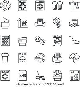 Thin Line Icon Set - coffee machine vector, washer, fork loader, gear, ripper, lawn mower, tomography, printer, copier, crane, water filter, combination lock