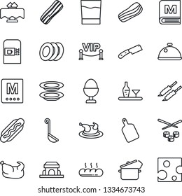Thin Line Icon Set - coffee machine vector, dish, alcohol, restaurant table, menu, drink, plates, bacon, egg stand, bread, cafe building, vip zone, chicken, kebab, hot dog, ladle, cutting board