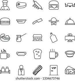 Thin Line Icon Set - coffee vector, waiter, cook, dish, restaurant table, salad, bacon, salt and pepper, bread, cafe building, vip zone, dress code, steak, hamburger, hot dog, bowl, rolling pin