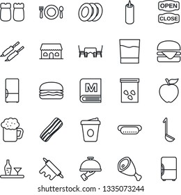 Thin Line Icon Set - coffee vector, seeds, fridge, alcohol, cafe, menu, drink, beer, plates, bacon, waiter, salt and pepper, building, candle, table, open close, kebab, ham, hamburger, hot dog