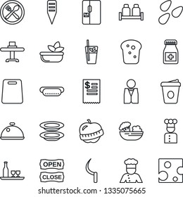 Thin Line Icon Set - coffee vector, sickle, plant label, seeds, pills bottle, diet, fridge, waiter, cook, dish, alcohol, restaurant table, cafe, phyto bar, salad, plates, salt and pepper, bread