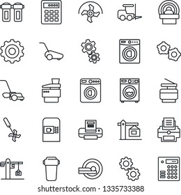 Thin Line Icon Set - coffee machine vector, washer, fork loader, gear, ripper, lawn mower, tomography, printer, copier, crane, water filter, combination lock