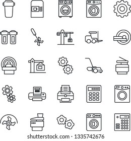Thin Line Icon Set - coffee machine vector, washer, fork loader, gear, ripper, lawn mower, tomography, printer, copier, crane, water filter, combination lock