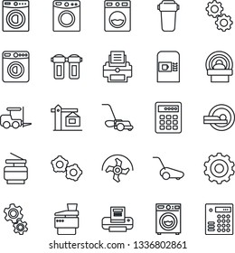 Thin Line Icon Set - coffee machine vector, washer, fork loader, gear, ripper, lawn mower, tomography, printer, copier, crane, water filter, combination lock