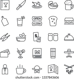 Thin Line Icon Set - coffee vector, waiter, dish, restaurant table, wine card, menu, drink, cocktail, phyto bar, beer, salad, salt and pepper, bread, cafe building, dress code, open close, credit