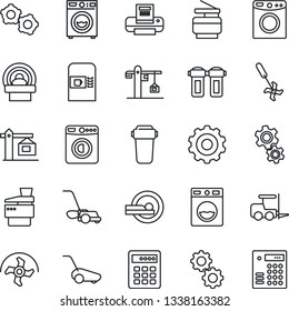 Thin Line Icon Set - coffee machine vector, washer, fork loader, gear, ripper, lawn mower, tomography, printer, copier, crane, water filter, combination lock