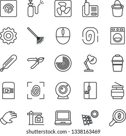 Thin Line Icon Set - coffee machine vector, radar, gear, mouse, rake, bucket, pruner, glove, garden sprayer, thermometer, laptop pc, radio phone, fingerprint id, desk lamp, copier, sun panel, fridge
