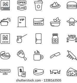 Thin Line Icon Set - coffee vector, pills bottle, fridge, serviette, menu, reserved, salad, cafe table, vip zone, dress code, open close, credit card, restaurant receipt, steak, ham, hamburger