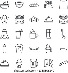 Thin Line Icon Set - coffee vector, cook, dish, serviette, wine card, drink, phyto bar, beer, salad, egg stand, bread, candle, cafe table, vip zone, dress code, open close, ladle, bowl, knife