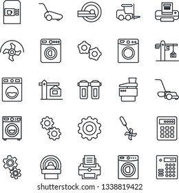 Thin Line Icon Set - coffee machine vector, washer, fork loader, gear, ripper, lawn mower, tomography, printer, copier, crane, water filter, combination lock