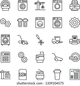 Thin Line Icon Set - coffee machine vector, washer, fork loader, gear, lawn mower, ripper, tomography, printer, copier, crane, water filter, combination lock