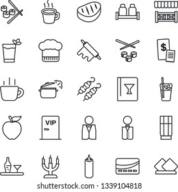Thin Line Icon Set - coffee vector, waiter, alcohol, cook hat, wine card, drink, phyto bar, salt and pepper, candle, vip zone, alcove, credit, restaurant receipt, steak, kebab, rolling pin, sushi