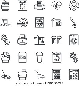 Thin Line Icon Set - coffee machine vector, washer, fork loader, gear, ripper, lawn mower, tomography, printer, copier, crane, water filter, combination lock
