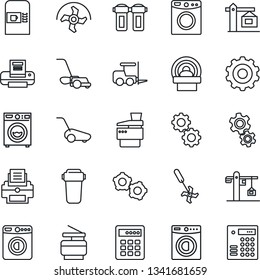 Thin Line Icon Set - coffee machine vector, washer, fork loader, gear, ripper, lawn mower, tomography, printer, copier, crane, water filter, combination lock