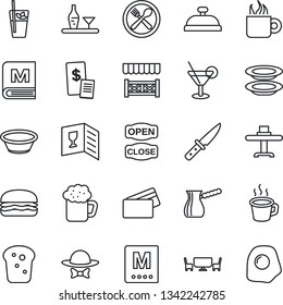 Thin Line Icon Set - coffee vector, alcohol, restaurant table, cafe, wine card, menu, reception, cocktail, phyto bar, beer, plates, bread, dress code, open close, alcove, credit, receipt, hamburger