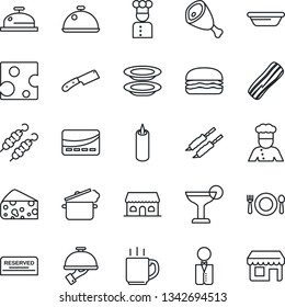 Thin Line Icon Set - coffee vector, waiter, cook, dish, cafe, reserved, reception, cocktail, plates, bacon, building, candle, credit card, kebab, ham, hamburger, bowl, knife, steaming pan, cheese