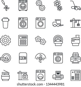 Thin Line Icon Set - coffee machine vector, washer, fork loader, gear, ripper, lawn mower, tomography, printer, copier, crane, water filter, combination lock