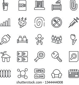 Thin Line Icon Set - coffee machine vector, baby, checkroom, team, document search, abacus, brainstorm, syringe, heart diagnostic, molecule, tulip, hdmi, paper clip, bar graph, key, children room