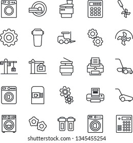 Thin Line Icon Set - coffee machine vector, washer, fork loader, gear, ripper, lawn mower, tomography, printer, copier, crane, water filter, combination lock