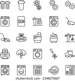 Thin Line Icon Set - coffee machine vector, washer, fork loader, gear, ripper, lawn mower, tomography, printer, copier, crane, water filter, combination lock
