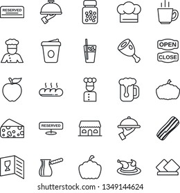 Thin Line Icon Set - coffee vector, pumpkin, pills bottle, cook, hat, wine card, reserved, phyto bar, beer, bacon, waiter, bread, cafe building, open close, chicken, ham, turkish, apple fruit