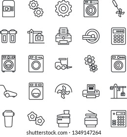 Thin Line Icon Set - coffee machine vector, washer, fork loader, gear, ripper, lawn mower, tomography, printer, copier, crane, water filter, combination lock