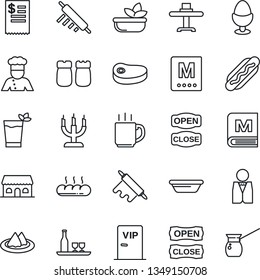 Thin Line Icon Set - coffee vector, waiter, cook, alcohol, restaurant table, serviette, menu, phyto bar, salad, egg stand, salt and pepper, bread, cafe building, candle, vip zone, open close, steak
