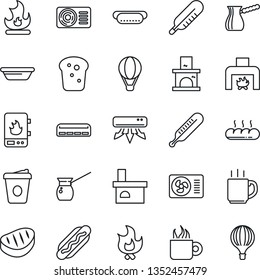 Thin Line Icon Set - coffee vector, fire, fireplace, thermometer, air conditioner, bread, steak, hot dog, bowl, turkish, water heater, balloon