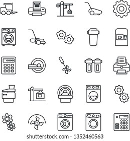 Thin Line Icon Set - coffee machine vector, washer, fork loader, gear, ripper, lawn mower, tomography, printer, copier, crane, water filter, combination lock