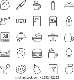 Thin Line Icon Set - coffee machine vector, waiter, restaurant table, wine card, menu, reception, cocktail, salad, egg stand, bread, candle, cafe, vip zone, credit, steak, hamburger, cutting board