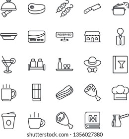 Thin Line Icon Set - coffee vector, waiter, alcohol, cook hat, wine card, menu, reserved, drink, cocktail, bacon, salt and pepper, cafe building, dress code, credit, steak, kebab, ham, bowl, knife