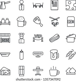 Thin Line Icon Set - coffee machine vector, waiter, cook, restaurant table, reserved, drink, beer, bacon, salt and pepper, candle, cafe, vip zone, alcove, receipt, kebab, ham, bowl, steaming pan